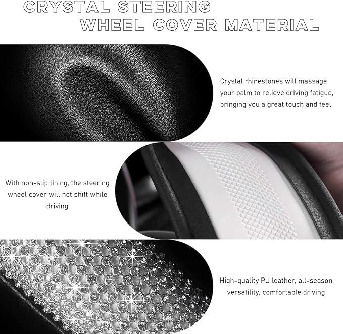 Steering Wheel Cover, Bling Crystal Rhinestones Auto Wheel Protector, Sparkly Cover Universal Fit Diverse 14.5-15 inch Steering Wheel, Interior Decor Car Accessories (White+Beige)
