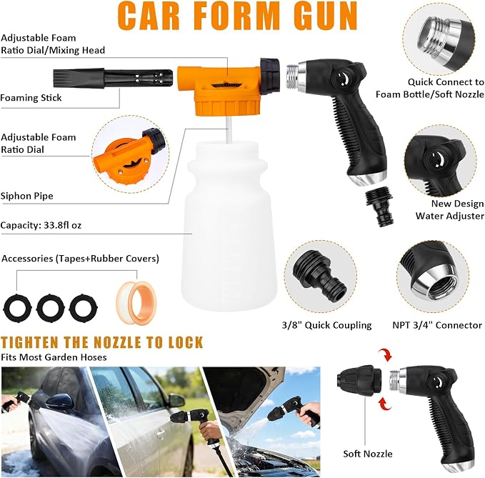 Car Wash Detailing Kit Cleaning Set with Foam Gun Sprayer, Long-Handle Brush, Large Wash Mitt, Towels, Complete Interior & Exterior Car Washing Supply Set (Orange)