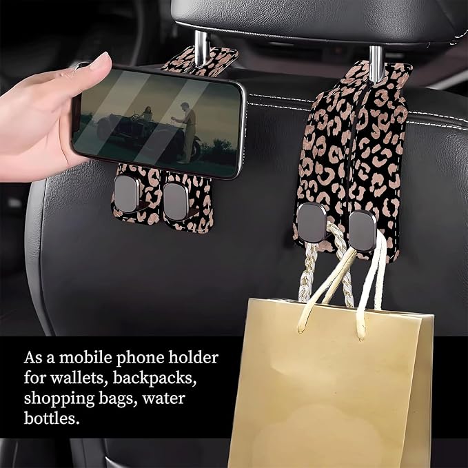 Car Seat Headrest Hook, Universal Leather Cute Hanger Holder Hook, Storage Organizer Interior Accessories for Purse Bags Handbag Glitter Black Leopard