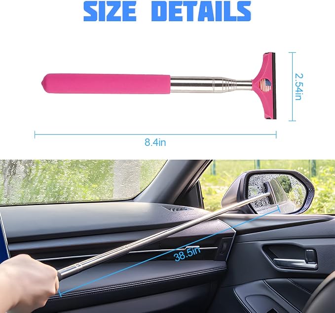 Car Rearview Mirror Wiper, American Flag Telescopic Auto Mirror Squeegee Cleaner, Glass Mist Cleaning Tool with Retractable 98cm Handle, Portable Car Windows Water Removal (Pink/Red Flag)