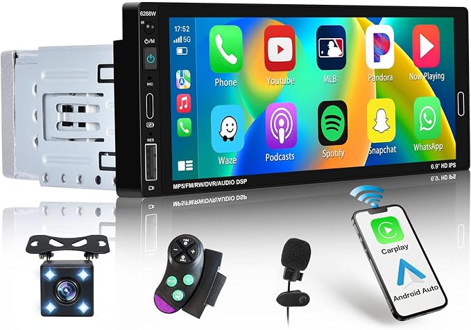 6.9 Inch Single Din Car Stereo Wireless Carplay Touchscreen Car Radio Wireless Android Auto, Bluetooth 5.0, Mirror Link, Backup Camera, EQ/FM Audio Receivcer 1DIN with USB/Type-C, SWC, Mic