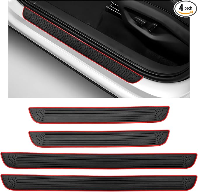 4 PCS Car Door Sill Protector, Anti-Scratch Automotive Threshold Protective Strip, Waterproof Door Edge Guards Step Shield Cover for Sedans Trucks SUVs, Car Accessories (Black & Red)