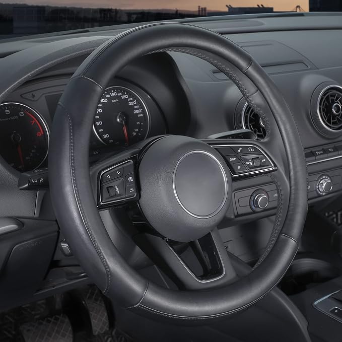 Car Steering Wheel Cover Small Size for Prius Civic Model 3 Model Y Camaro Rogue with 14-14 1/4 inches Outer Diameter, Black Microfiber Leather