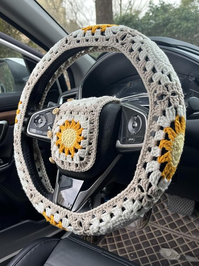 Handmade Crochet Sun Moon Car Steering Wheel Covers Universal 14-15 inch,Cute Steering Wheel Cover,Car Accessories (Wheel Cover+2belt Cover+2Coaster+Hanging)