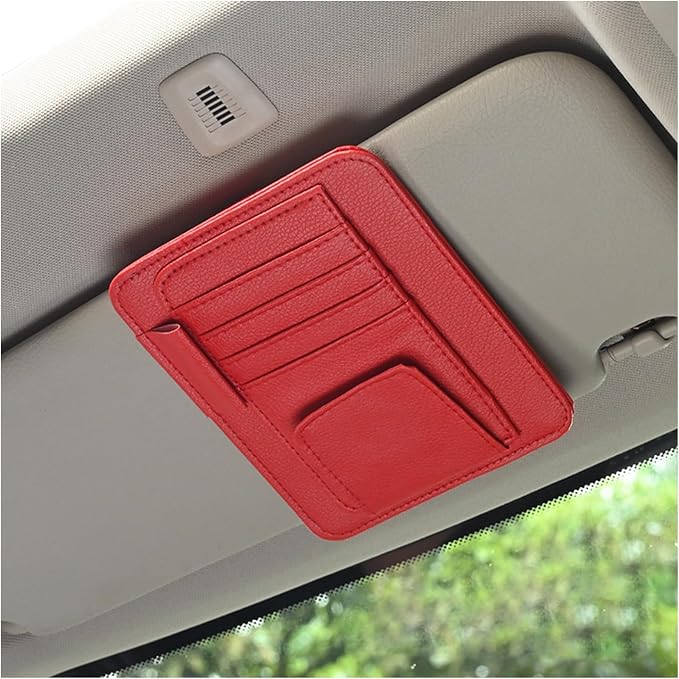 Car Sun Visor Organizer, Small Auto Visor Organizer and Storage, Registration and Document Holder, Vehicle Accessories for Sunglasses, Document, Card, Pen, Driver License (Red)