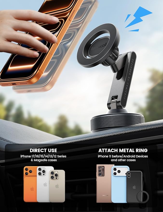 for Magsafe Car Mount - [Ultra Nano Gel & 70+LBS Vacuum Suction] 360° Magnetic Phone Holder for Car Suction Cup Phone Mount Dashboard Windshield Car Mount for iPhone 17 16 15 14 13 Pro Max