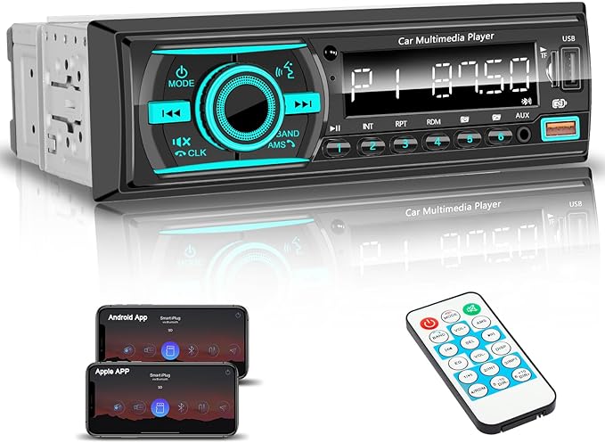 Single Din Radio Car Stereo Bluetooth,Radio Head Unit with FM/Dual USB/AUX/TF/EQ/MP3/RCA,12V Bluetooth Car Stereo Support Hands Free Calling,Clock Display,iOS & Android App Control,No CD(Black)