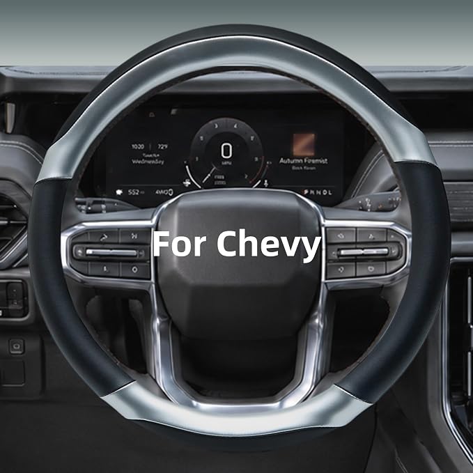 Leather Steering Wheel Cover for Chevy Silverado 1500 2500 3500, 14.5-15 inches Car Steering Wheel Cover with Non-Slip Breathable (Bright Silver)