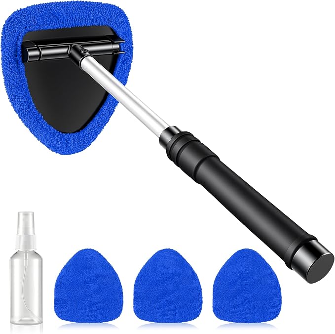 Windshield Cleaner Tool, Car Interior and Exterior Window Cleaning Kit with Extendable Handle & 4 Reusable Microfiber Pads, Auto Glass Wiper Brush Kit for Car & Home Windows (Blue)