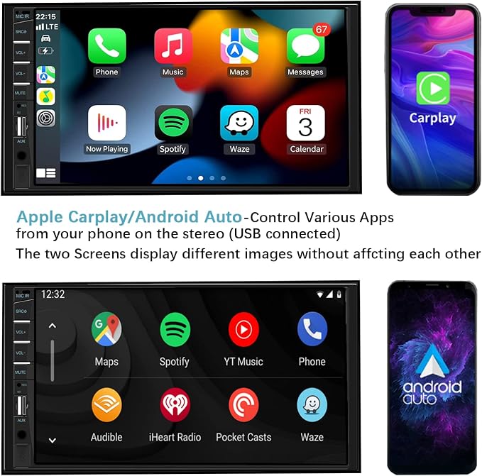 Double Din Car Stereo Compatible with Apple Carplay and Android Auto, 7 inch HD Touchscreen Car Radio Car Audio Receivers, Bluetooth, Backup Camera, Mirror Link, USB/AUX/TF/Subwoofer, FM Radio