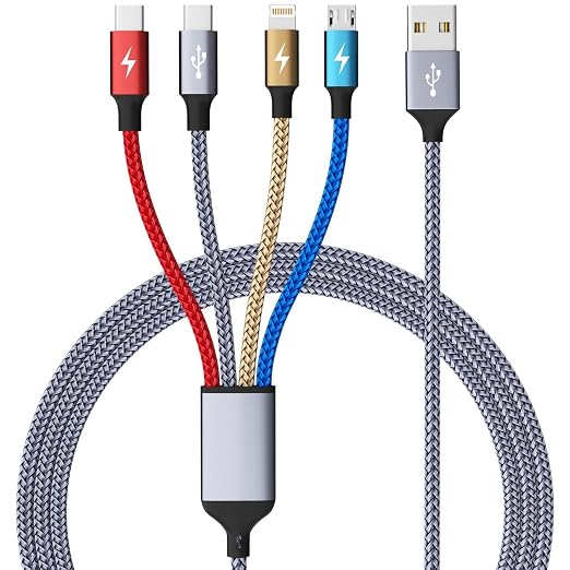 4 in 1 Multi Charging Cable,Dual Type-C Multiple Charger Cable Nylon Braided Multi USB Cable Charging Cord with IP/Type C/Micro USB Ports for Cell Phones/iPhone/Tablets/Galaxy & More-1Pack 5ft.