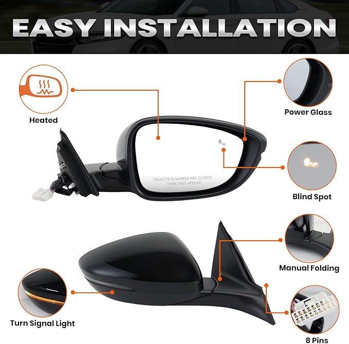 Right Passenger Side Mirror Compatible with 2018-2022 Honda Accord Power Glass | Heated | with Blind Spot | with Turn Signal | Manual Folding Repalces HO1321330 (8Pins-Black)