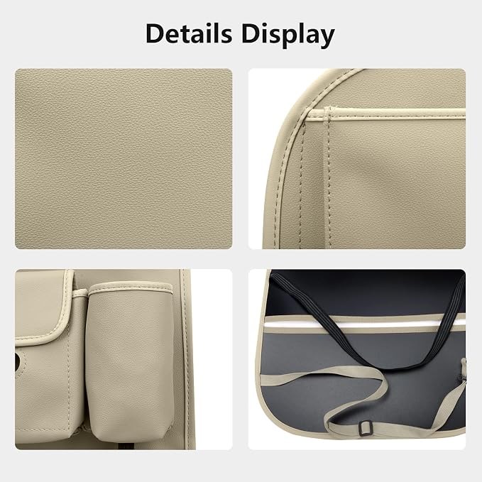 Car Seat Organizers Waterproof Backseat Protector with Storage Pocket Large Leather Kick Mats for Kids Pets Automobile SUV Truck (Beige, Large Pocket)