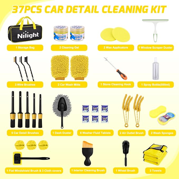 37PCS Car Detailing Kit Auto Cleaning Tools Wash Set with Storage Carry Bag Home Use for Interior Exterior Deep Clean Car Care Windshield Dashboard Seat Air Vents Wheels Tires, Yellow