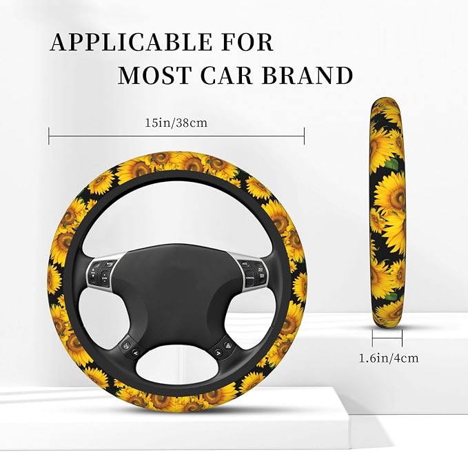 Sunflower Neoprene Steering Wheel Cover for Men Women Anti-Slip Elastic Steering Wheel Protective Cover 15in Universal Car Accessories Fit Cars, SUVs, Auto