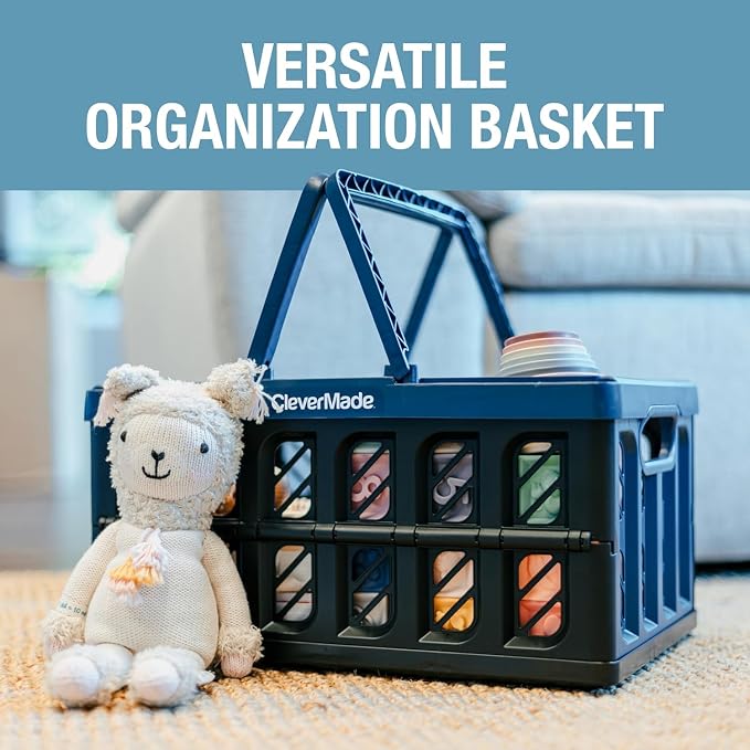 Collapsible Shopping Basket with Handles – 24L Collapsible Grocery Tote, Plastic Storage Baskets Fold Flat, Stackable Collapsible Storage Bins for Car & Home - Stone