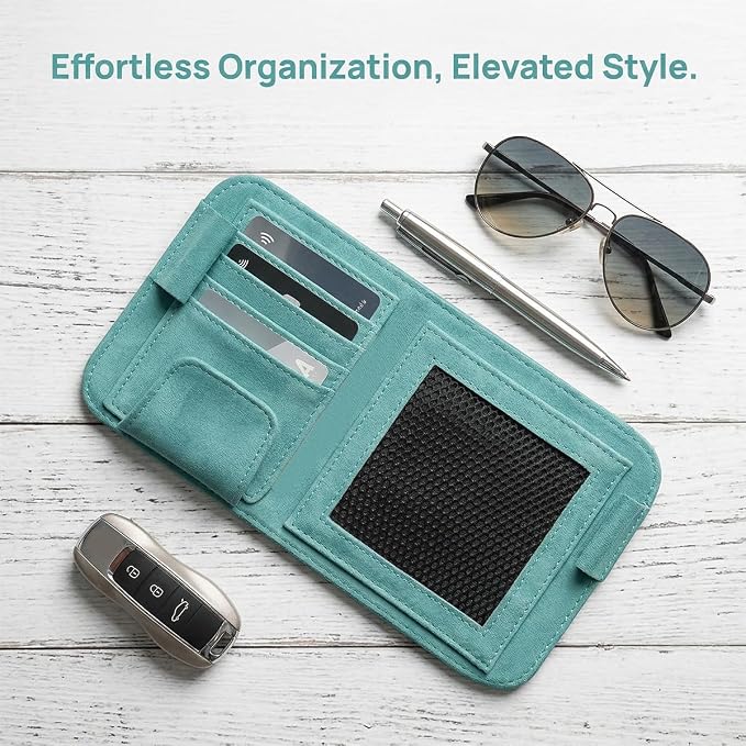 Car Sun Visor Organizer, Multi-Pocket Vehicle Sun Visor Storage Pouch with Sunglasses Clip, Auto Interior Sunshade Eyeglasses Card Holder Organizers, Universal for SUV Sedan Truck (Blue)