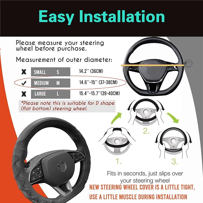 D Shaped 14.5-15 Inch Steering Wheel Cover Great Grip with 3D Honeycomb Anti-Slip Design, Flat Bottom 14.5-15 Inch (All Black)