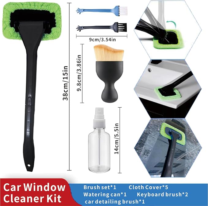 10pcs Car Windshield Cleaning Tool, Windshield Cleaner with 5 Washable and Reusable Microfiber Pads and Extendable Handle, for Auto Glass Wiper (Green（10pcs）)