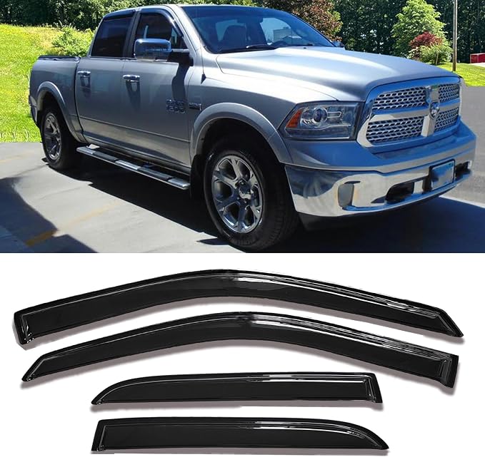 Side Window Visors rain Guards Vent Deflectors Compatible with Dodge Ram 1500 Crew Cab 2009-2018, Ram 2500/3500 Crew/Mega Cab 2010-2025, 2019-2024 Ram 1500 Classic Crew Cab, Truck Accessories 94109