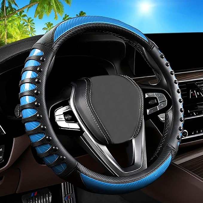 Car Leather Steering Wheel Cover - Carbon Fibre Material, Universal 14.5-15 Inch Leather Anti-Slip Breathable Auto Steering Wheel Covers for Men Women (3D Massage - Sky Blue)