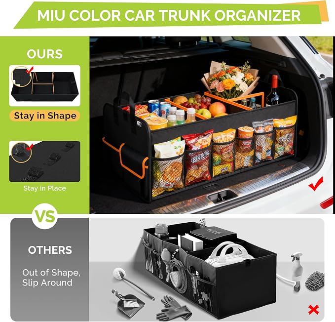 Trunk Organizer for SUV, Collapsible Trunk Organizer for Car, Non-Slip Bottom, Storage Organizer for Sedans, Van, Jeep, Grocery, Large 4 Compartments, Black Mixed Orange 32"×13"×12"