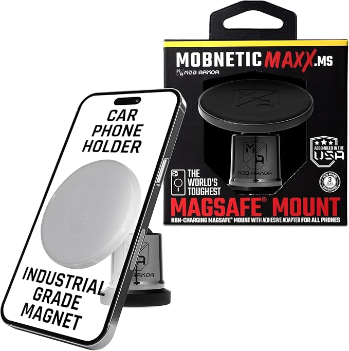 MobNetic Maxx MS - MagSafe Compatible Car Phone Mount w/ 90º Tilt, 360º Rotation & Durable Aluminum Build, Magnetic Holder for iPhone & Android Devices, USA Assembled - Black Chrome