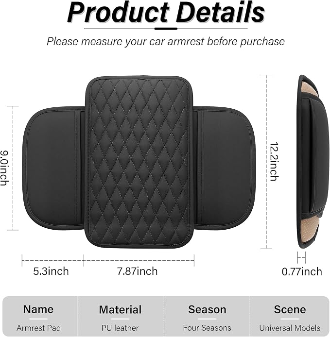 Car Center Console Cover, Upgraded Leather Car Armrest Cushion with 2 Storage Pockets, Universal Waterproof Cushion Pad, Non-Slip Car Interior Accessories, Fits Most Sedans SUVs Trucks (Black)