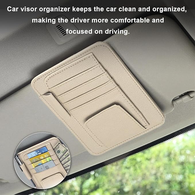2PCS Small Leather Car Sun Visor Organizer, Multifunctional Auto Visor Document Holder with Sunglasses Clip, Universal Car Interior Organizer for Drving License, Card, Pen (Beige)