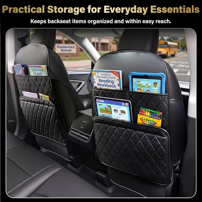 2 Pack Kick Mats Back Seat Protector, Seat Back Protector for Back of Front Seats Against Dirt, Scuffs & Scratches, 3 Storage Pockets, Easy to Clean, Black