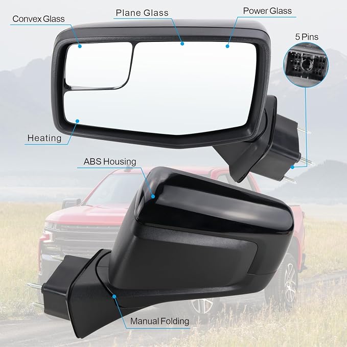 Left Driver Side Mirror Compatible with 2019-2025 Chevy Silverado 1500 With Power Glass Manual Folding Heated Without Turn signal Replace#GM1320583(5Pins）