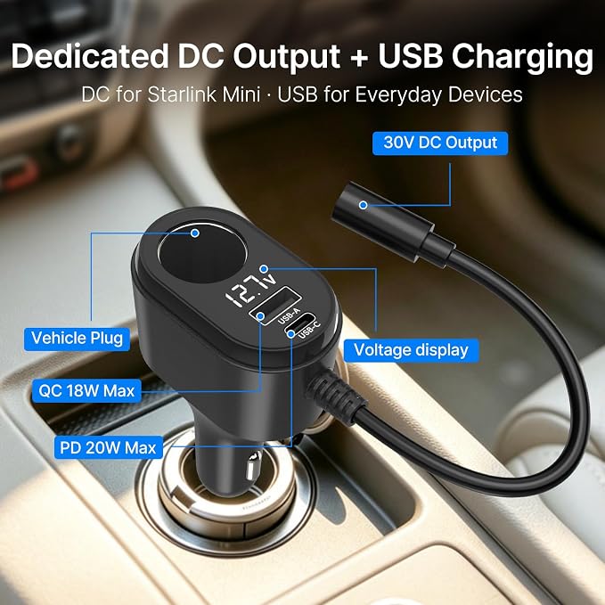 Starlink Mini Car Adapter, 12V to 24V Vehicle Power Supply with 30V 2A DC Output, 4-in-1 Starlink Mini Car Charger with USB-C, USB-A, 120W Socket & LED Display for RV, Camping, Truck, SUV