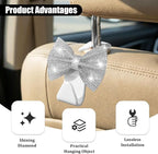 2PCS Bling Bow Car Seat Headrest Hooks, Crystal Rhinestone Vehicle Rear Seat Hanging Storage Hooks for Purses Bags Coats, Auto Headrest Storage Organizer, Universal Fit (White)