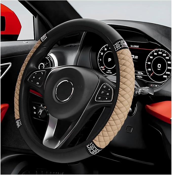 Bling Car Steering Wheel Cover, 15 Inch Sparkly Rhinestone Soft Leather Steering Wheel Protector, Non-Slip Universal Auto Elastic Steering Wheel Covers for Women Girls (Beige)
