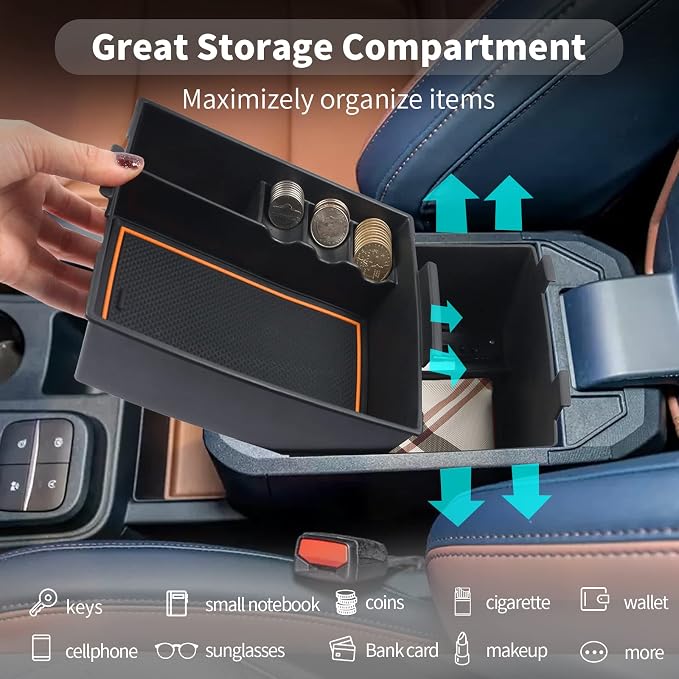 for 2022-2026 Ford Maverick Center Console Organizer Tray Accessories | 2022-2026 Maverick Armrest Trays Storage Box Coin Holder 2022-2025 2026 Maverick Truck Accessories, 2-Pack (Orange Trim)