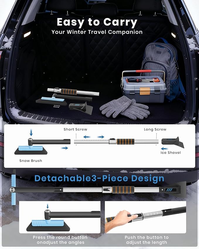 43.7" Extendable Ice Scrapers for Car Windshield for 12 Adjustable Length Settings with Foam Grip and 360° Pivoting Brush Head Detachable Snow Brush for Truck SUV(Blue)