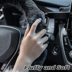 Furry Car Steering Wheel Cover with Fluffy Gear Shift Cover Soft Warm Non-Slip Car Decoration for Men Women Girls 2 PCS Set, Black