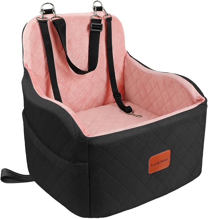 Dog Booster Car Seat for Small/Medium Dogs,Puppy Portable Car Bed with Elevated Cushion,Fully Detachable and Washable,2 Storage Pockets,Easy to Install (Black/Pink, Medium)