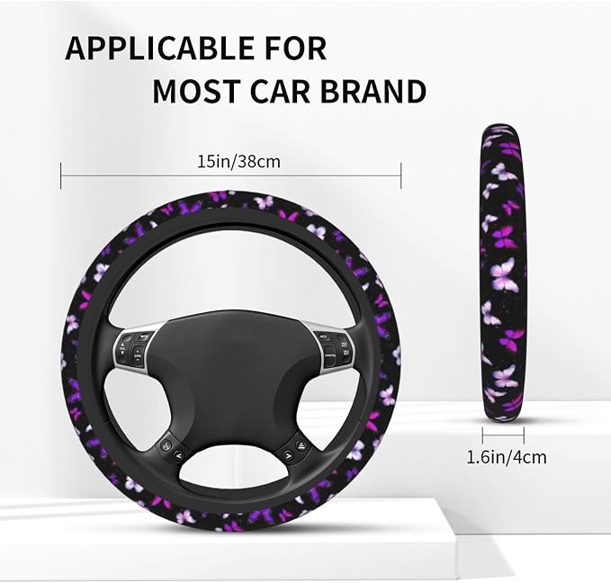 Butterfly Purple Steering Wheel Cover Set + Butterflies 2 Car Coasters | Cute Fashion Car Accessories, Breathable Anti-Slip, Universal 14-15 Inch, Neoprene Coasters, Gift for Women Men