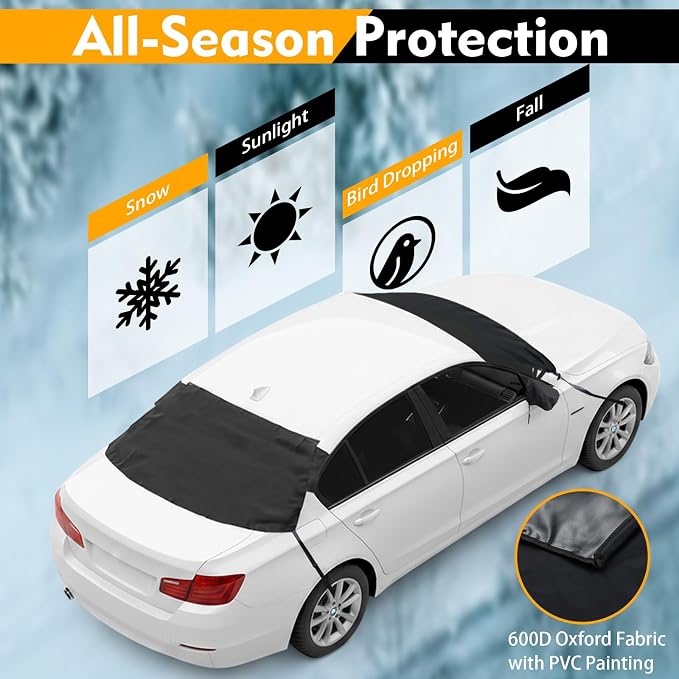 Windshield Cover, 600D Oxford Automotive Windshield Snow Cover for Ice, Snow, Frost & Sunlight, Vehicle Window Protector Windscreen Shield with Mirror Cover for Sedan & Medium SUVs