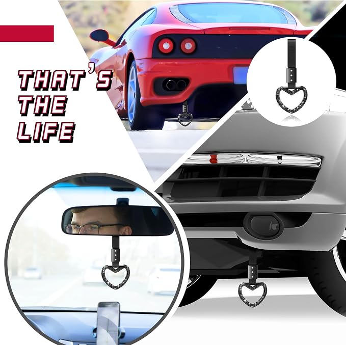 Bling Car Accessories Bling Heart Handle Ring Car Accessory for Women Hand Strap Drift Charm Rear Bumper Warning Ring Decor for Auto Bus Interior Exterior Decoration (Black, Heart Style)