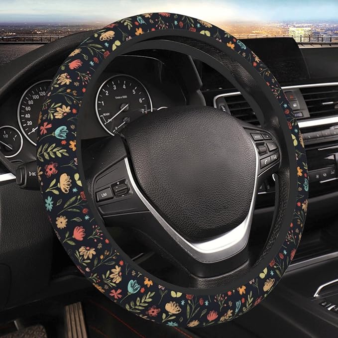 Watercolor Cute Floral Elastic Steering Wheel Cover Non-Slip Breathable Steering Wheel Protector Fit Auto, SUVs, Truck