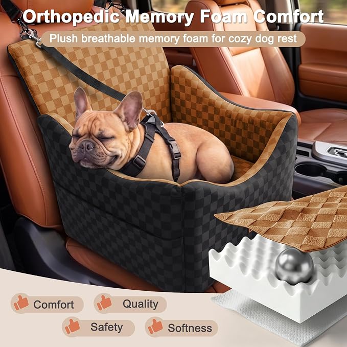 Elevated Dog Car Seat for Small/Medium Dogs up to 35 lbs, Memory Foam Booster Seat with Detachable Washable Cover, Travel-Safe Car Bed with Safety Belts & Storage Pockets, Brown