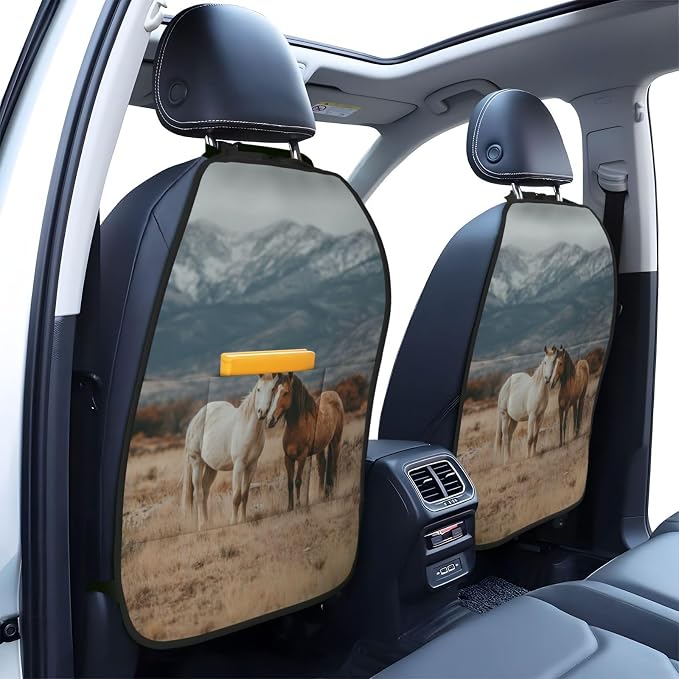 Two Horses Standing On The Grass Car Seat Back Kick Protectors,2 Pack Kick Mats With Storage Pockets For Vehicles To Protect From Dirt Mud Scratches