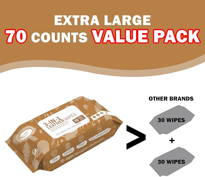 3in1 Leather Cleaner Wipes 70 Count (3 Pack), XL 8x10 Inch | Clean, Condition, Protect Wipes For Vinyl & Leather Apparel, Furniture, Auto Car Interior, Shoes, Boots, Bags