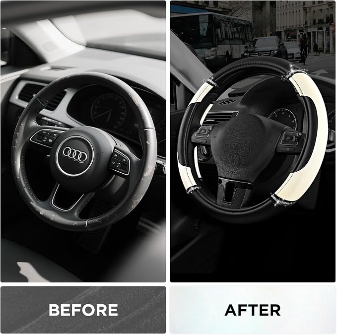 Leather Steering Wheel Cover - Made with PVC Leather - Anti-Slip, Universal Fit 14 1/2 inches to 15 inches - White