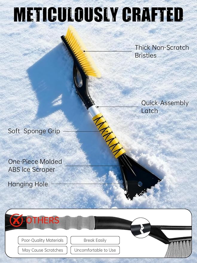 27" Snow Brush and Ice Scrapers for Car Windshield, Yellow, 2 Pack | Detachable Windshield Scraper, Snow Removal Tool with Ergonomic Foam Grip for Cars, Trucks, SUVs