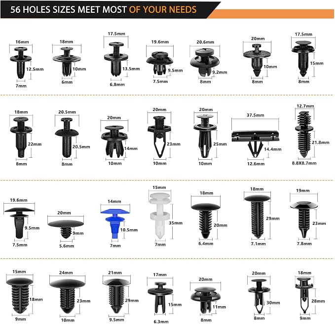 1315PCS Retainer Clips Interior Accessories - 56 Most Popular Sizes Bumper Trim Body Clips with Fasteners Remover and 10Pcs Reusable Cable Ties for Toyota Nissan Ford BMW Chevy Honda Subaru
