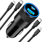 [Apple MFi Certified] iPhone Fast Car Charger, 52.5W USB-C PD&QC3.0 Car Power Cigarette Lighter USB Charger Adapter with 2Pack Lightning Braided Cable for iPhone 14 13 12 11 XS XR X 8 SE iPad