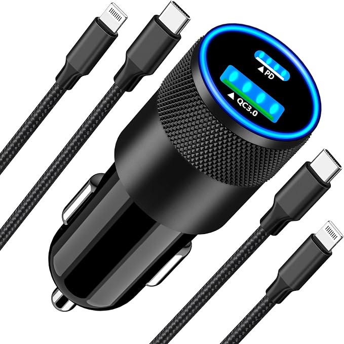 [Apple MFi Certified] iPhone Fast Car Charger, 52.5W USB-C PD&QC3.0 Car Power Cigarette Lighter USB Charger Adapter with 2Pack Lightning Braided Cable for iPhone 14 13 12 11 XS XR X 8 SE iPad